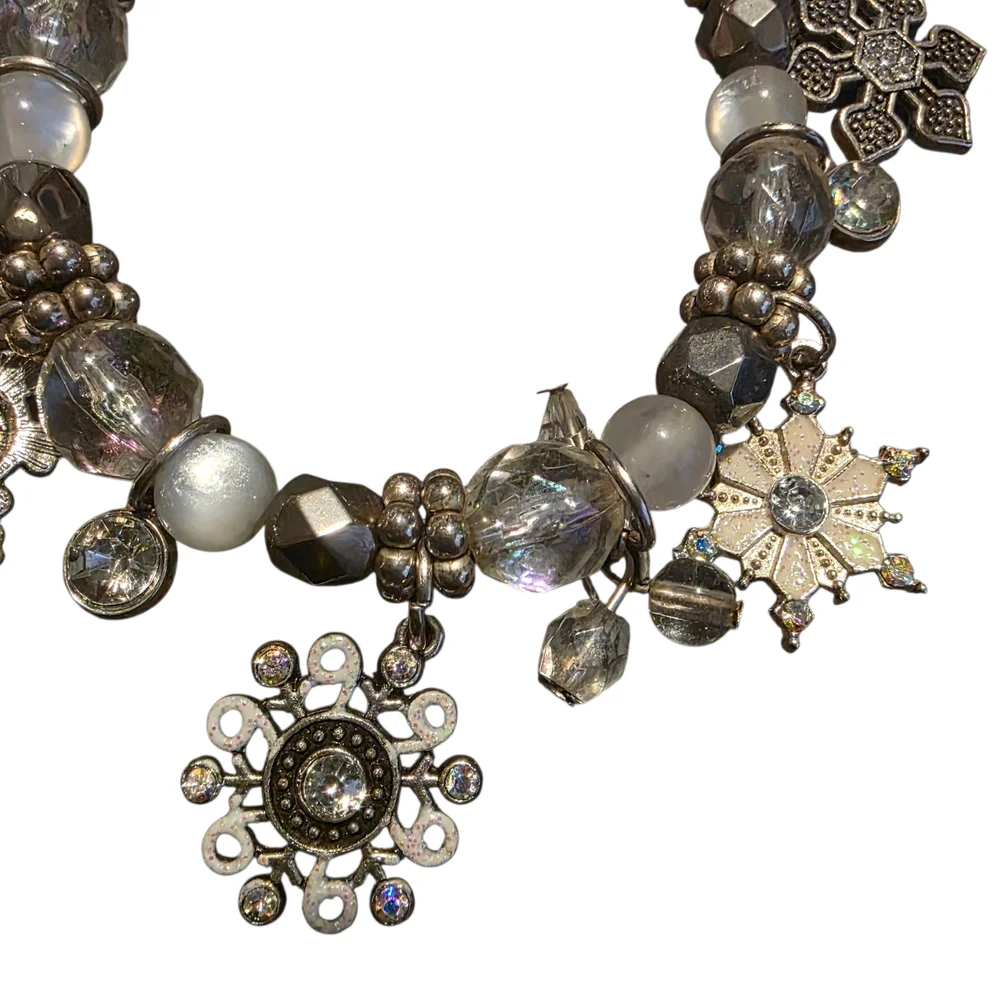 Silver Snowflake Charm Beaded Bracelet